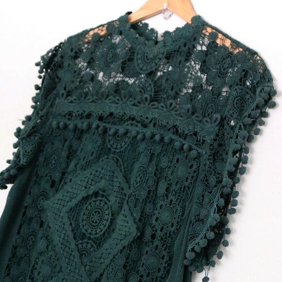 Tularosa Revolve Clayton Tunic Mini Dress L Hunter Green Pom Pom Trim Lace $210 - Picture 4 of 16